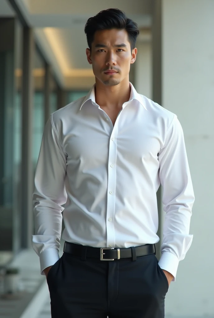 "A candid, highly realistic image of a 3 light-skinned Brazilian man with short brown hair and brown eyes. He is dressed in a fitted gray dress pants that accentuate his bulge and figure and a short-sleeved, button-down shirt tucked into his pants. The man has a clean-shaven face, no mustache or beard, and displays firm arms. The scene captures him standing at the entrance of a condominium, presented in a full-body shot with natural textures and realistic lighting. The image is editorial in style."