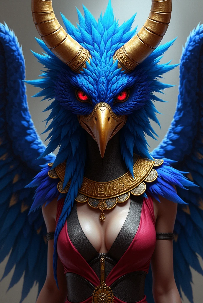 Work in the style of Vladimir Kush, WLOP and James Jean a very detailed and intricate image of a naked girl in an erotic composition with a black angel wings,European appearance with white skin, probably, inspired by steampunk and futuristic themes , image of a Venetian mask with feathers, blue red purple shades of detail , Sacred geometry.Features of Africa, Smooth Lines,glare gold silver. Golden skin. image in format 1:1
