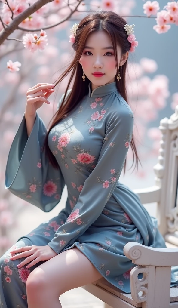 dark blue aodai, cherry blossom,sitting