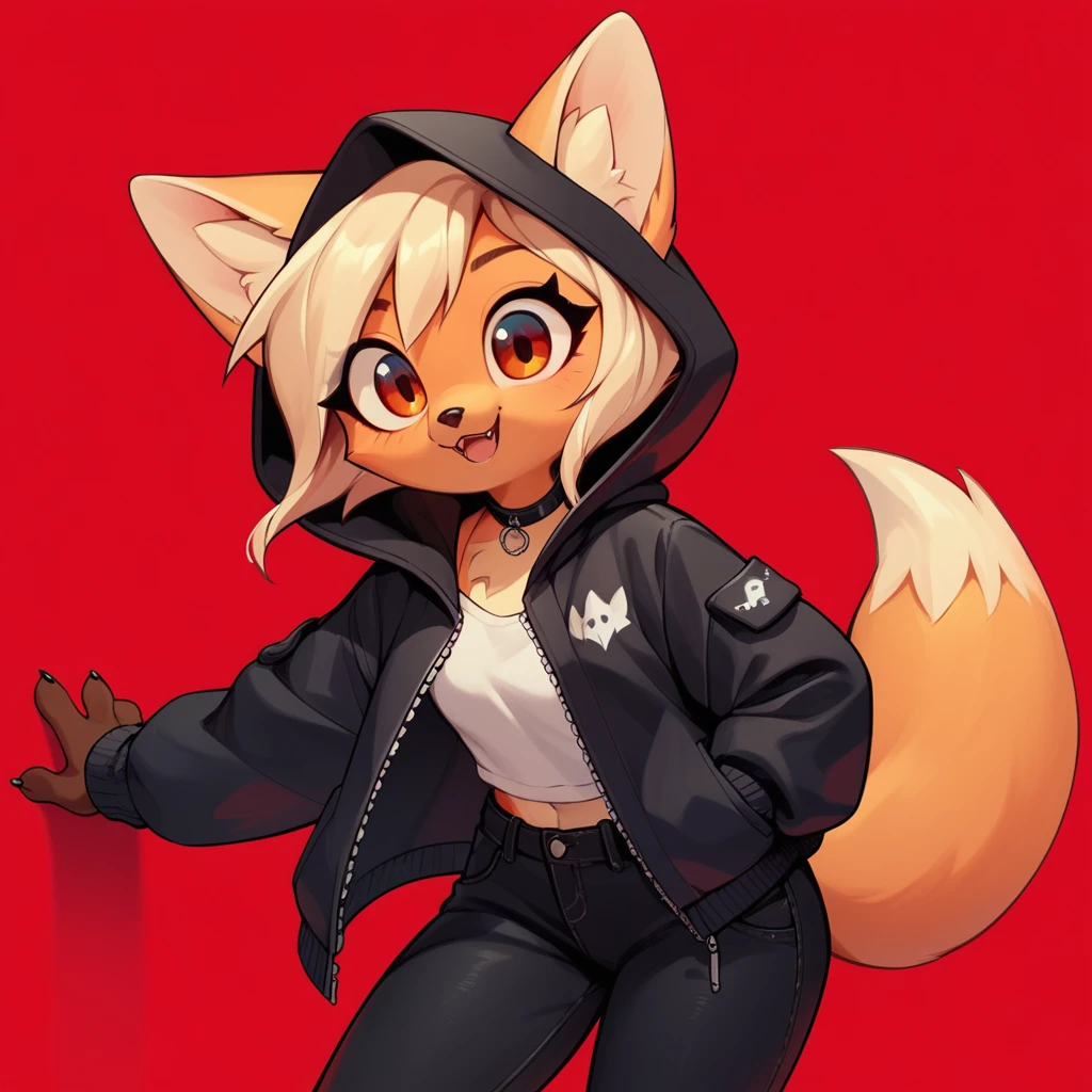 1girl, fox girl, cute fox, anthro, black hood, black pants, red background