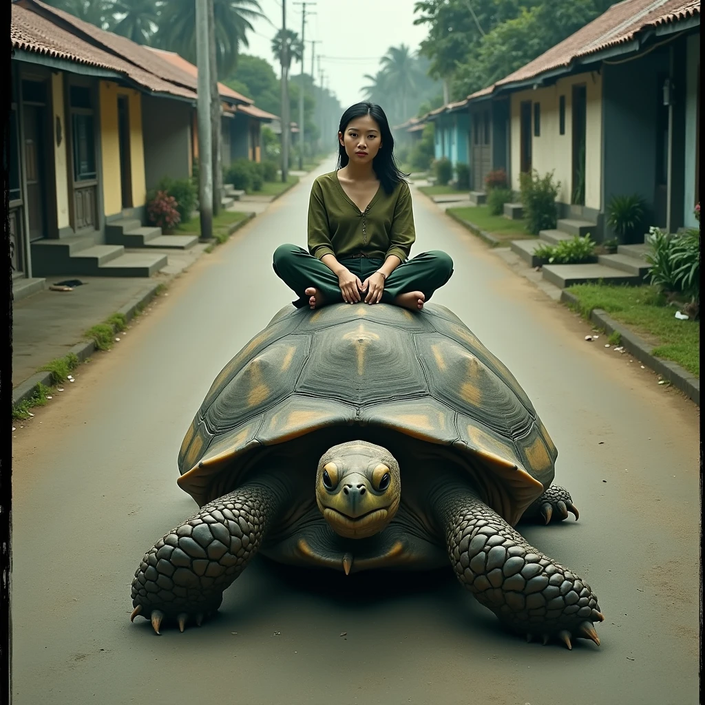 A captivating and surreal portrait photograph of a young woman, confidently while sitting atop a large crocodille. and the alligator has an air of calmness and trust. She is a woman wearing a hijab and a long-sleeved shirt, with Underwear as her bottom attire. "In the bedroom with scattered books and clothes strewn about.", Pastel tone, soft light