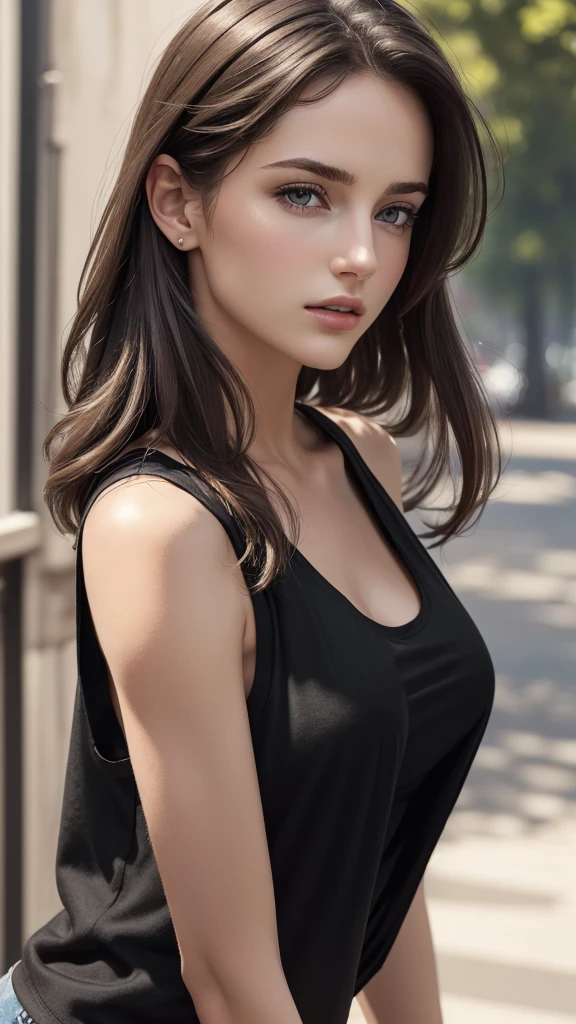 (masterpiece, The best quality, fotorrealist, High Resolutions, Cinematographer, :1.3), Very close shot, Sharp focus, 1 brunette girl, naked, european girl, hot model, Highly detailed eyes and pupils, Piel realist, slim body shape, naked, neckline, extremely detailed hair, Delicate and sexy face, sensual gases, naked, bright lips, ((Wear black sleeveless t-shirts covered with jacket)), outdoor, ((realist, super-realistic, realism, Detalles realists))