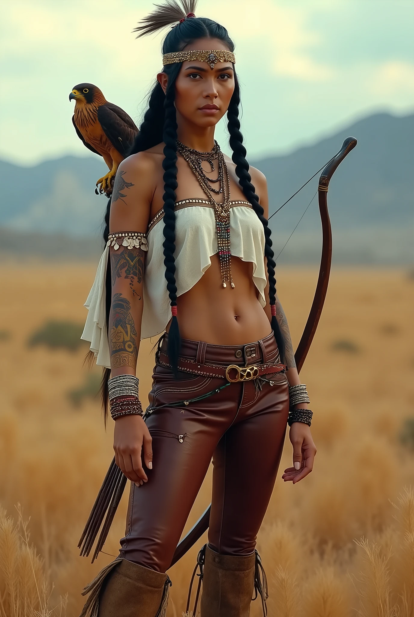 40 years old, gorgeous cute Argentinian girl, smirk, freckles, (dark skin:1.6), portrait photograph of Marie Avgeroupolus as Pocahontas, young beautiful native american woman, perfect symmetrical face, indigenes feather jewelry, traditional handmade dress, armed female hunter warrior, (((wild west))) environment, Utah landscape, ultra realistic, concept art, elegant, ((intricate)), ((highly detailed)), depth of field, ((professionally color graded)), soft ambient lighting, dusk, 8k, art by artgerm and greg rutkowski and alphonse mucha, famous beautiful model, good young girl, (masterpiece:1.0),(best_quality:1.0), ultra high res,4K,ultra-detailed, photography, 8K, HDR, highres, absurdres:1.2, Kodak portra 400, blurry background, bokeh, lens flare, (vibrant_color:1.2),professional photograph, (the_tattoo:1.4), (beautiful_face:1.5),(narrow_waist).