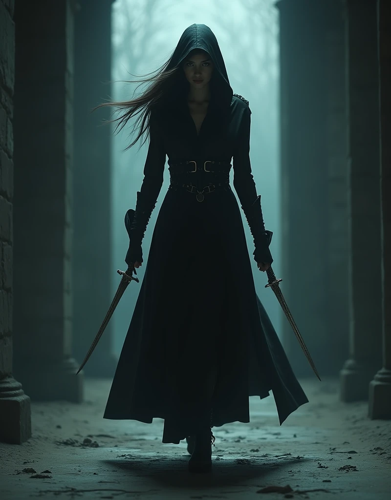 Female assassin holding katana beheads enemy