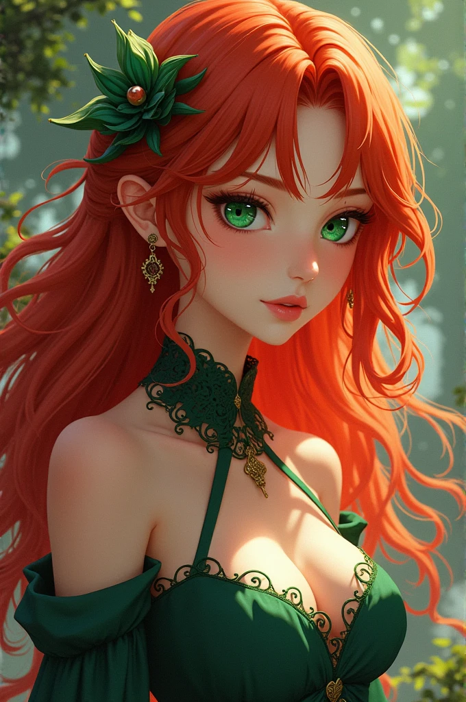 long orange hair, green eyes, large cleavage, pale skin, face closeup, glam makeup, smile, wink, red lipstick