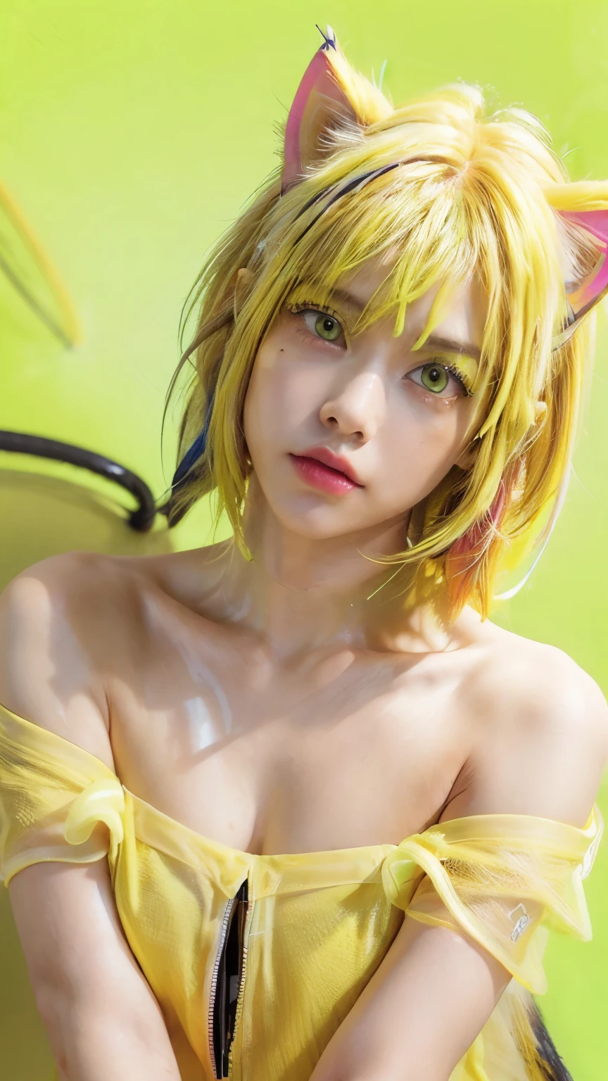 (starryskybackground)、masutepiece, Best Quality, 8K、(long green hair)、((Strapless bikini))、(Yellow-based tiger print bikini)、Tiger print boots、yellow triangular scrunchie、with round face、小柄、Slimed、flat body、(small tits:1.5)、Realistic Professional Lighting、swollen face