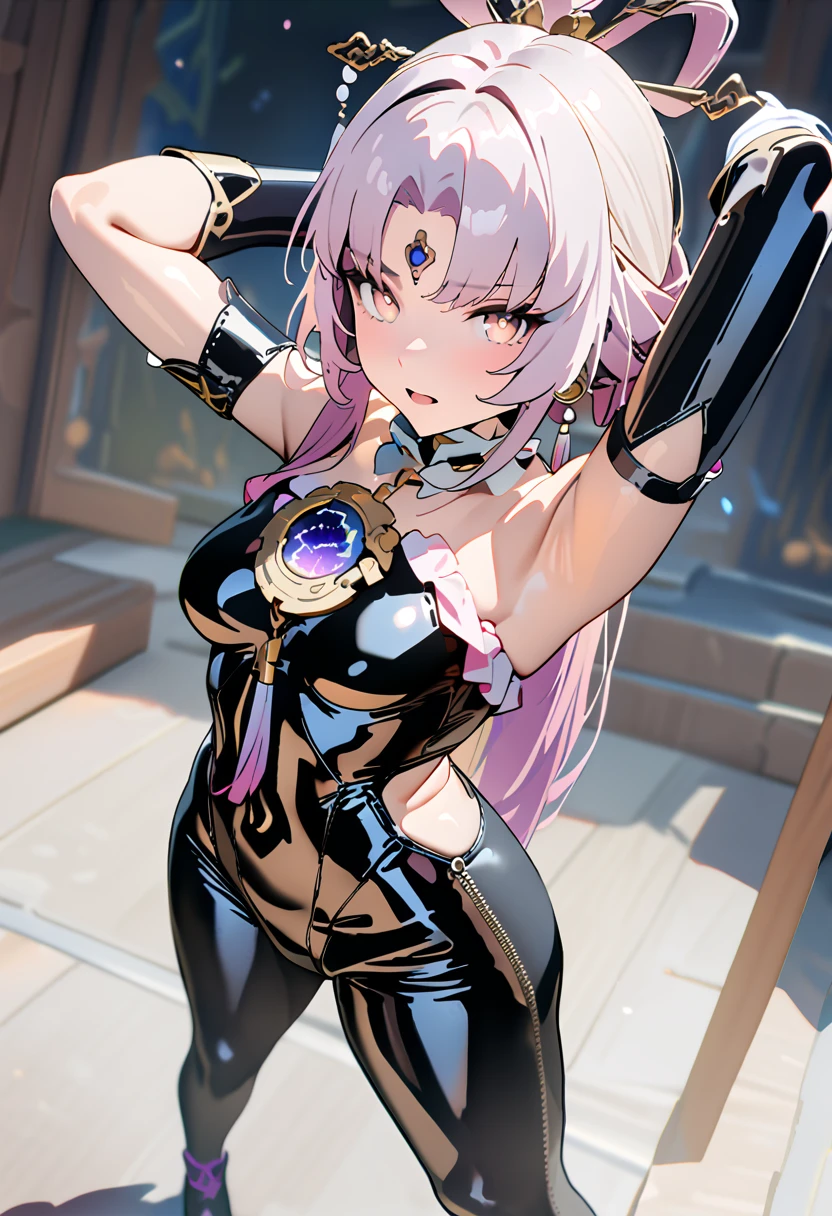 (masterpiece, best quality:1.5), (ultra detailed, high resolution, 8k, beautiful detailed, uhd, best anatomy), 1 cute girl, white hair, medium breasts, full bodysuit, latex, shiny clothes, Steamy space lewd sexy pose グラビア　(Depict the eyes clearly) Penis-pleasing dance