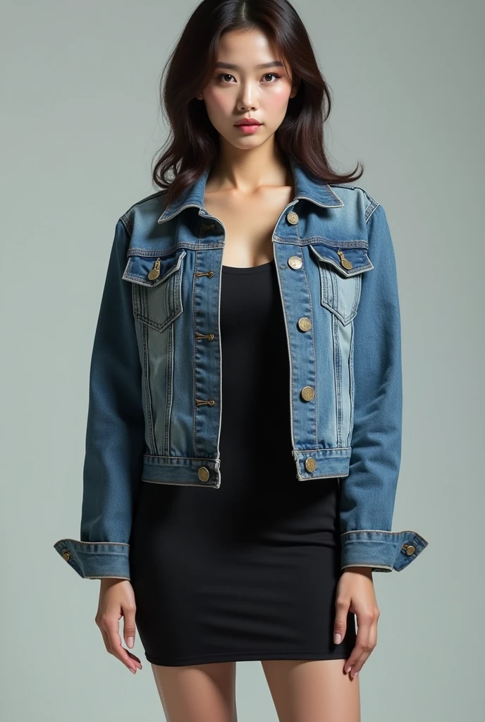 uma mulher linda de bermuda branca e jaqueta jeans posando para uma foto, vestindo uma jaqueta jeans, Jaqueta jeans, jaqueta jeans, usando jeans, Jaqueta azul, usando jeans duplo, jeans duplo, vestindo jaqueta azul, vestindo uma jaqueta azul, Denim, Detalhe perfeito, wearing jeans, jaqueta azul harmonia, jaqueta curta, foto de modelo de slim, roupas casuais modernas