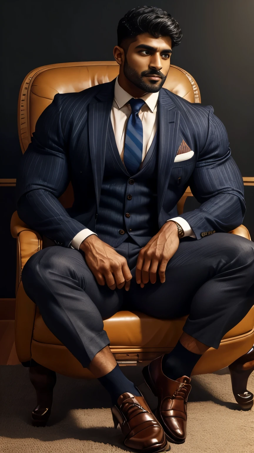 arafed indian man with his bulge in a suit and striped socks sitting on a chair, black socks, dapper, detailed shot spread legs-up, professional foot photography, grey pants and black dress pointed buckle shoes, stunning visual, profile image, stripes, in style of ultra realistic, close-up on spread legs, detailed style, functional and elegant look, in style of realistic, striped, crisp details