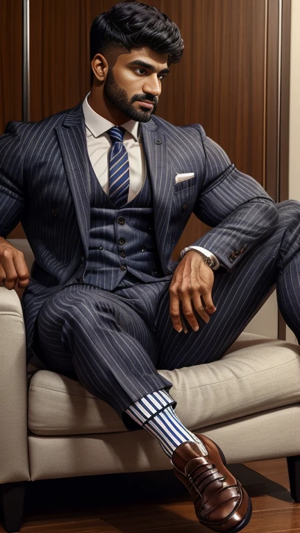 arafed indian man with his bulge in a suit and striped socks sitting on a chair, black socks, dapper, detailed shot spread legs-up, professional foot photography, grey pants and black dress pointed buckle shoes, stunning visual, profile image, stripes, in style of ultra realistic, close-up on spread legs, detailed style, functional and elegant look, in style of realistic, striped, crisp details