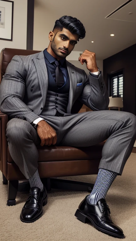 arafed indian man with his bulge in a suit and striped socks sitting on a chair, black socks, dapper, detailed shot spread legs-up, professional foot photography, grey pants and black dress pointed buckle shoes, stunning visual, profile image, stripes, in style of ultra realistic, close-up on spread legs, detailed style, functional and elegant look, in style of realistic, striped, crisp details