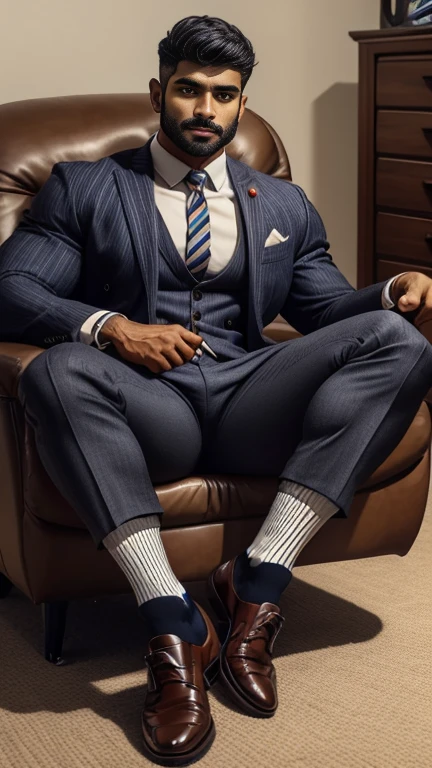 arafed indian man with his bulge in a suit and striped socks sitting on a chair, black socks, dapper, detailed shot spread legs-up, professional foot photography, grey pants and black dress pointed buckle shoes, stunning visual, profile image, stripes, in style of ultra realistic, close-up on spread legs, detailed style, functional and elegant look, in style of realistic, striped, crisp details