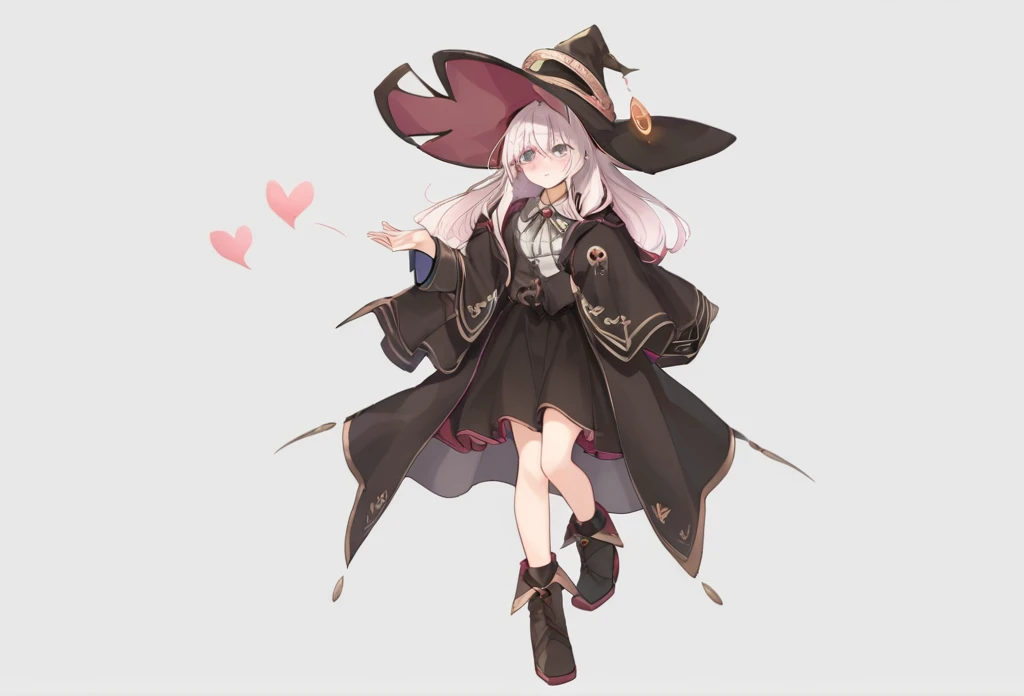 elaina
shirt, skirt, bow, robe, long sleeves,witch hat, boots, thighhighsblowing kiss, heart
