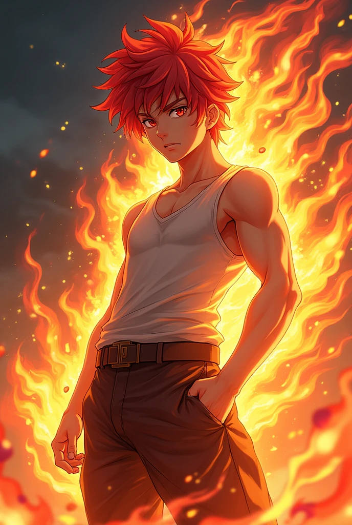 ager, fire spirit,Reddish Fire Hair, translucent body, bare torso, ,man, Body not very transparent, beautiful smile, fantasy anime style, bright yellow complexion, Eyes of burning flame, Golden dragon neck tattoo, black atmosphere, shorts, shy,