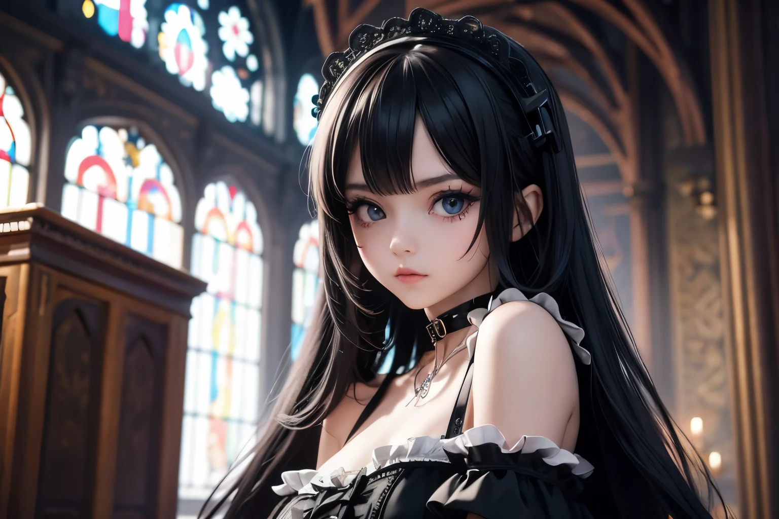Ultra realistic girl , childshi body , long black hair frinje braided , gothic , bride , melancolic face cry , lingerie thong pantie ,garterbelt long socks , Gloves , inocent , standing . Bouquet roses , dark church. White stily, mystery wallpaper. Mystic.