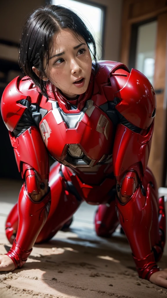 Highest quality　8k red armor　Iron Man Suit　Middle-aged women　　Sweaty face　　short hair　　Steam coming out of my head　My hair is wet with sweat　Black Hair　((aunt)) 　Full body portrait　Only the face is exposed　small　Chubby body type　orgasm　Ahegao　Spread your legs　I can see the vagina　On all fours　Rear view