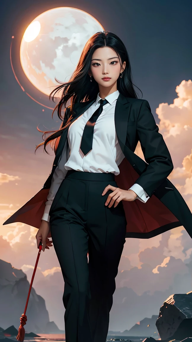 ((Masterpiece, best quality, very detailed), Volumetric light, surrounding occlusion, Rich and colorful, glow), 1 woman, , young girl, (Smooth black), long hair, radius, sacred, goddess, CEO Luke, (black suit, White shirt and red tie:1.3), long black coat, ((a green wind orb on hand)), outdoor, sunset, sky, cloud, (Fantasy Theme:1.2), (full body:0.8)