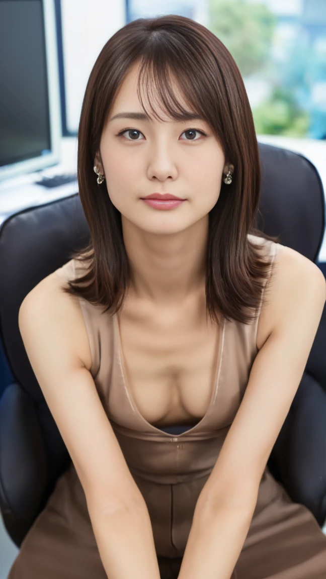 (top-quality, 16K, ​masterpiece:1.3), (ultra detailed), (masterpiece) raw photo, photo realistic, (best quality), Highest quality, Realistic, surreal, Highest quality, Extremely detailed CG, Very delicate, 16K wallpaper, High resolution, BREAK: A female manager working for a top company, 30 years old, ((no makeup:1.5)), ((There is a mole just below the eye:1.5)), ((closed mouth:1.5)) ((She is desperately asking her lover for a kiss:1.5)), ((sad:1.5)), ((crying:1.5)), ((silky hair:1.2)), ((beautiful straight long hair:1.4)), ((asymmetrical bangs)), ((UNTITLED business suits)), ((A very simple necklace)), ((Japanese office at night:1.4)), ((sitting in an office chair:1.4)), Japanese, BREAK slender body, ((Skinny:1.4)), ((flat chest:1.5)), detailed skin, very detailed, detailed arms, short arms, ((short neck)), detailed fingers, detailed hands, detailed eyes, detailed legs, accurate and perfect human anatomy, real human skin, BREAK ((upper body)), ((look into the viewer's eyes)), ((looking at viewer)), ((Front view)), ((from front)),