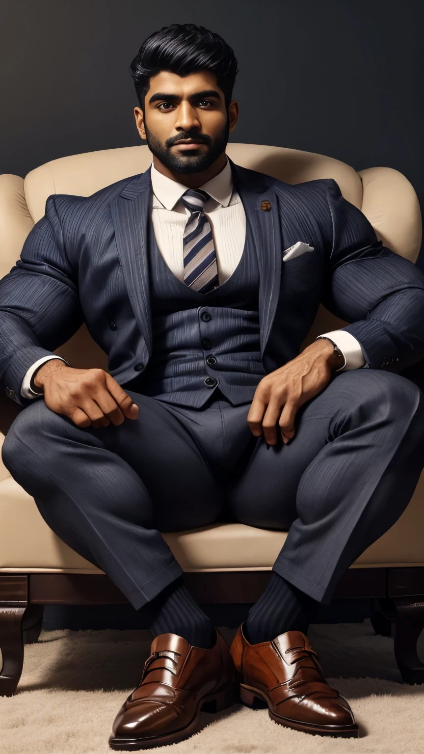 arafed indian man with his bulge in a suit and striped socks sitting on a chair, black socks, dapper, detailed shot spread legs-up, professional foot photography, grey pants and black dress pointed buckle shoes, stunning visual, profile image, stripes, in style of ultra realistic, close-up on spread legs, detailed style, functional and elegant look, in style of realistic, striped, crisp details