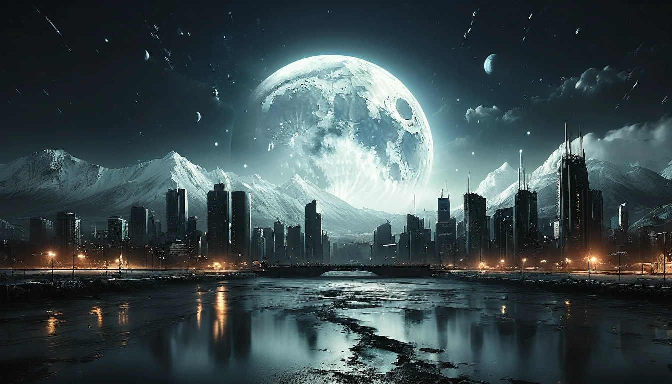 a cold and silent night sky over the city, detailed clouds, stars, full moon, glowing city lights, dramatic lighting, cinematic atmosphere, muted colors, realistic, photorealistic, 8k, best quality, masterpiece, highly detailed