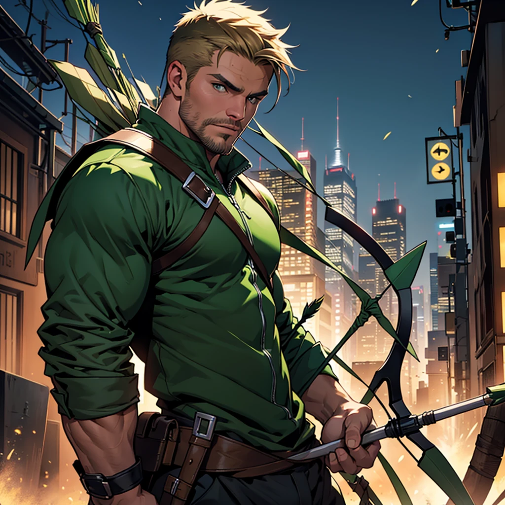 NSFW, 32k, high quality , detailed face , detailed fingers ,detailed muscles  stephen amell as green arrow , wearing blackish green outfit   , showing a dark blond short hair , a thick facial hair like daddies, a bulge ,hunk and handsome, shooting  his  arrows with a bow toward the ennemies , in action , with the quiver on his back full of arrows background sky and city at night 