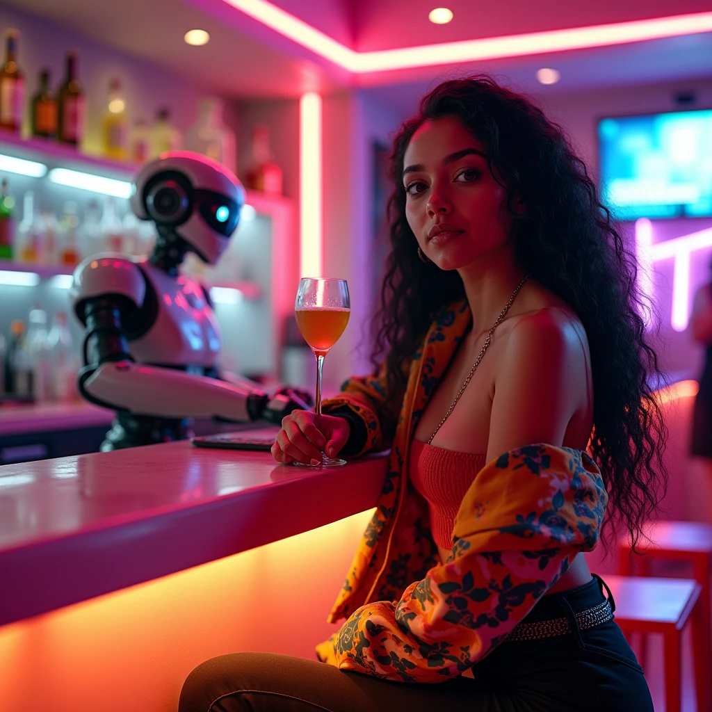 realistic photo of a (pretty girl, 20 years old, brunette, black eyes) with colorfull jacket and baggy pants at a modern futuristic bar staffed by a robot bartender , (full lips) , ((perfect face)), [[mild smile]], proportionate body,mixed white-latina herritage, beautyfull, beautyfull face, tanned skin, two arms, two legs, five fingers by hand, full body, (curly black long hair), modern neon bar, syntpunk vibes, people at bar dancing and drinking at tables, girl at bar on a banket, robot bartender behund the bar, girl and robot talking and chatting
