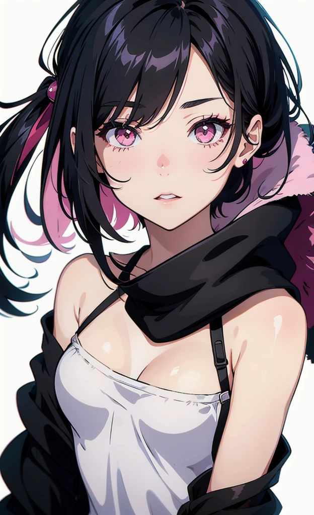 ((best quality)), ((masterpiece)), (detailed), 1girl, off-shoulder sweater, black hair, shoulder-length hair, brown eyes, matte pink lips, black hair, left-shoulder tattoo, body, small chest, frown, slight teasing, disgust, forced smile
