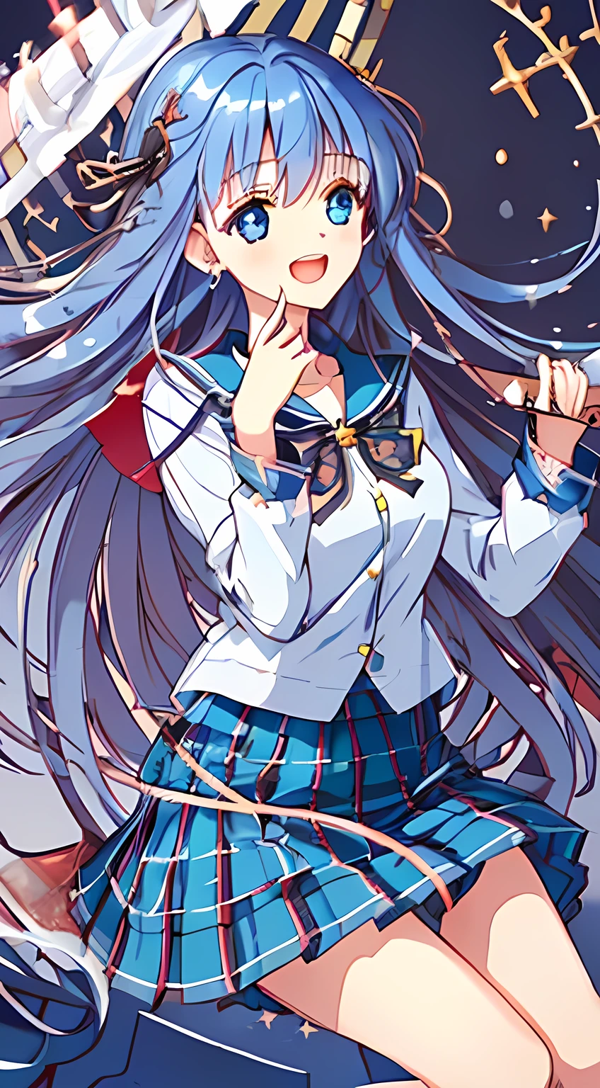 (Masterpiece, Top Quality, Best Quality, Watercolor (Medium), Official Art, Beautiful and Aesthetic: 1.2), (1 Girl: 1.3), (Fractal Art: 1.3), Full Body, Star-shaped Pupil, Viewer's Look, Pattern, (Blue Hair, Light Blue Hair, Half Blue and Half Light Blue Hair: 1.2), Water, Liquid, Clouds, Colorful, Starry Sky, Stars, Smile, Glasses, Heterochromia, (Colorful: 1.5), Wet, (Red Moon), School Uniform