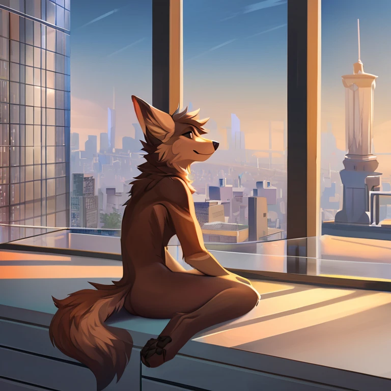 Solo, male, furry art, fursona, ((canine)), (((brown primary fur))), white secondary, (perky ears), cool pose, city background, amazing art, masterfully executed, beautiful background, normal body, paws.