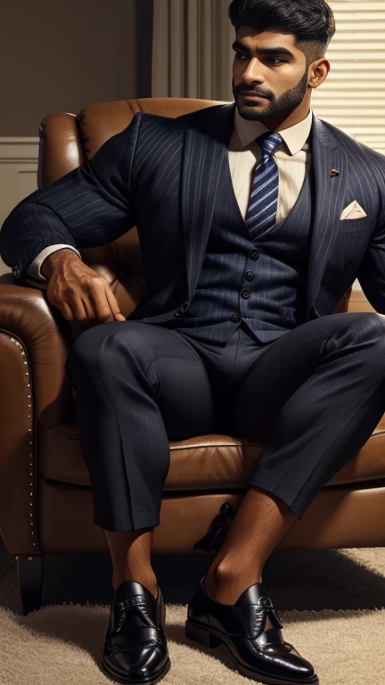 arafed indian man with his perfect big monster penis is coming out from pant in a suit and striped socks sitting on a chair, black socks, dapper, detailed shot spread legs-up, professional foot photography, grey pants and black dress pointed buckle shoes, stunning visual, profile image, solids, in style of ultra realistic, close-up on spread legs, detailed style, functional and elegant look, in style of realistic, striped, crisp details