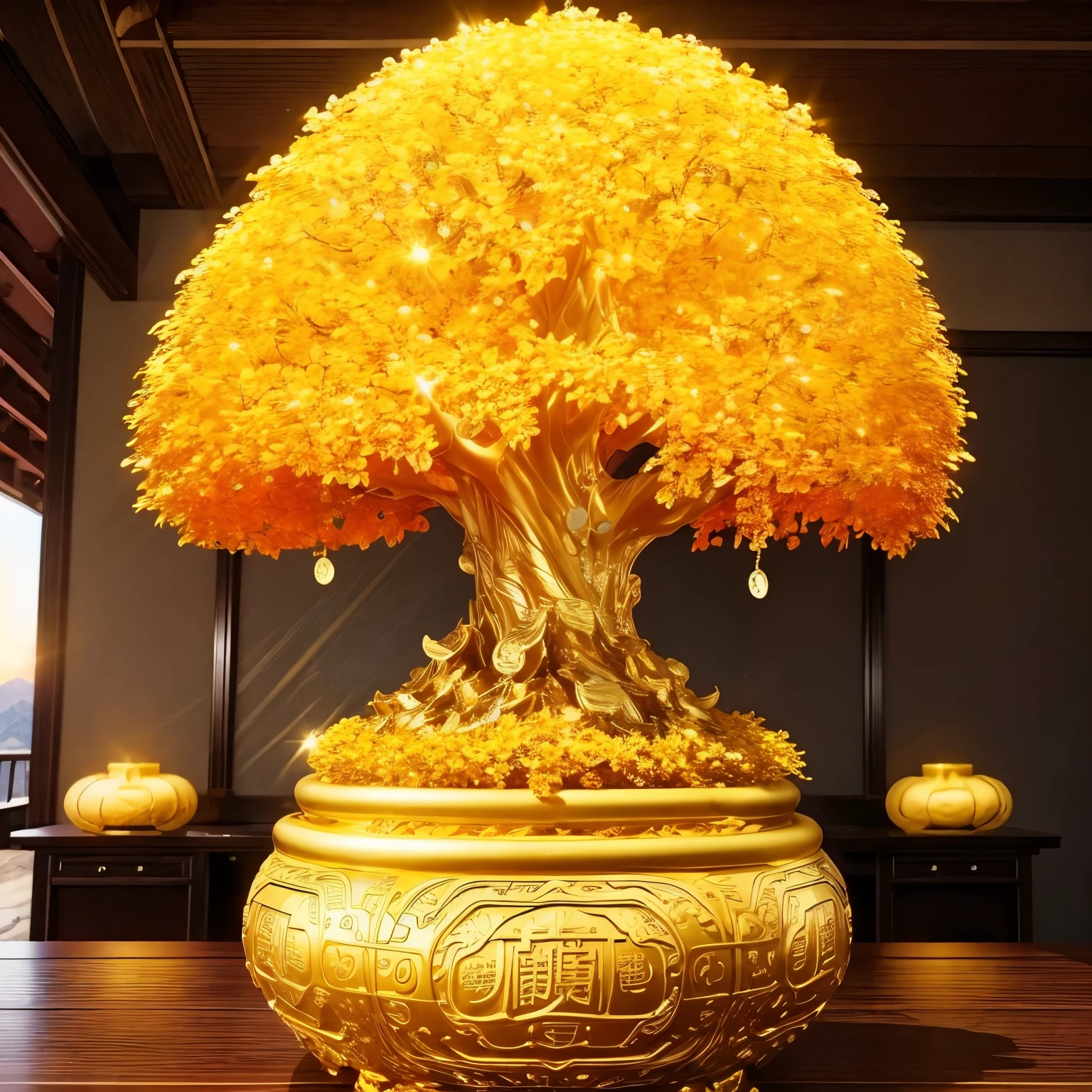 (masterpiece, Highest quality:1.2), Money tree on the mountaintop,The sun shines on the money tree( ((sunset))),Bright Warm( ((充满阳光元素的masterpiece)))((Highest quality)), ((Intricate details))(8k)