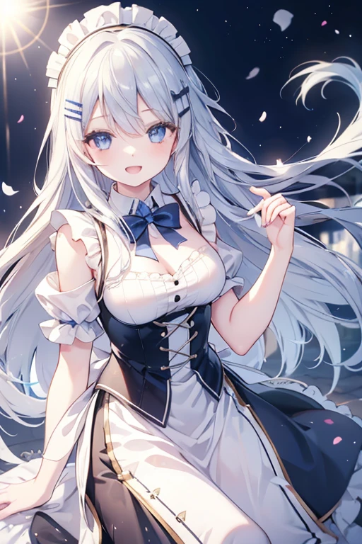 Solo, 1girl, Long Hair, Smile, Hair Clip, Maid Headdress, High Resolution, Quality, Silver Hair, Breasts, Smile, Open Mouth, Blue eyes, From Outside, Lens Flare, Anime Style,