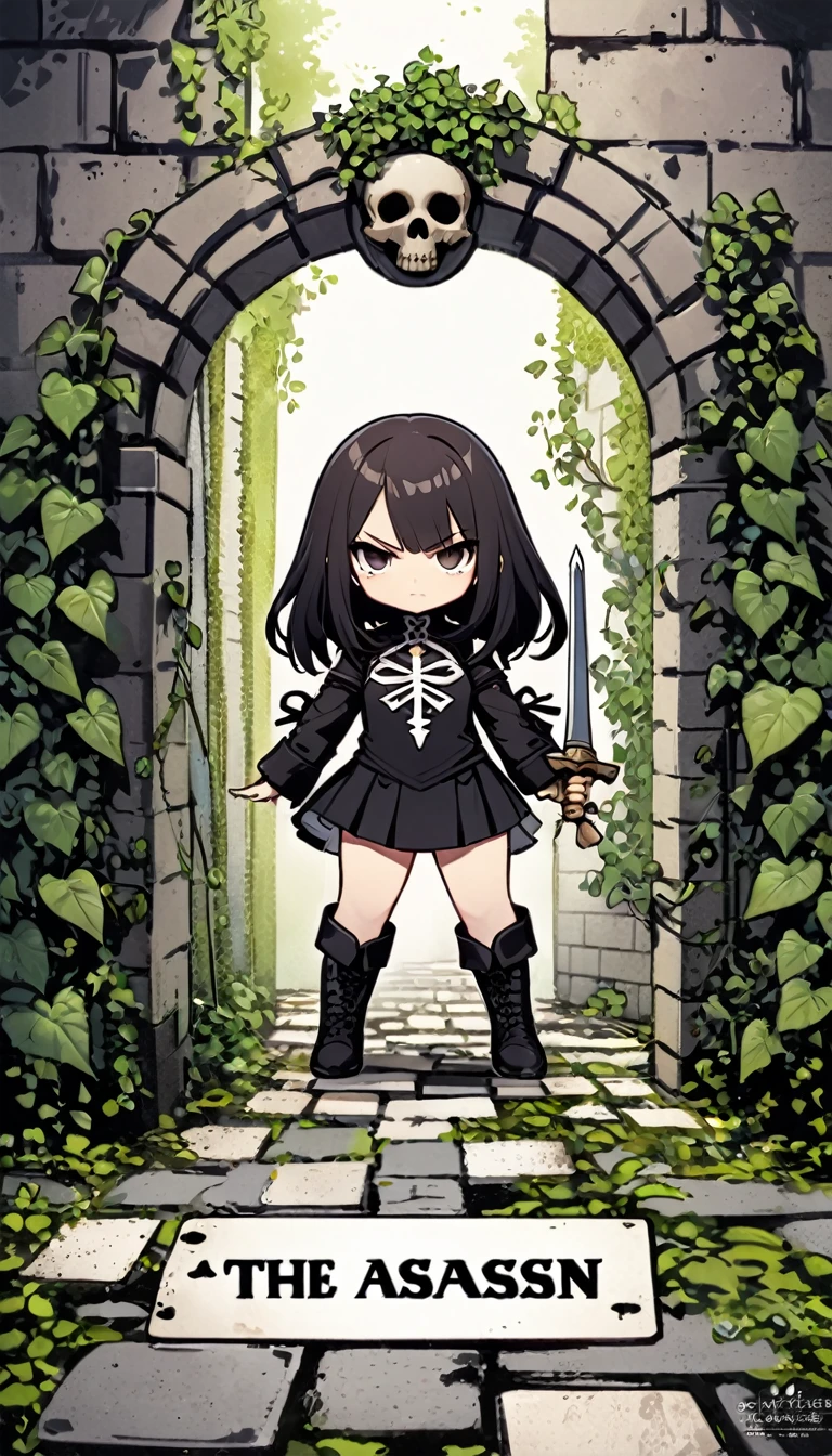 ultra-small deformation, Chibi Cute, 1girl, solo, full body, "THE ASSASSIN" text, tarot card style, a girl wearing a black mini dress is standing with legs apart on a Cobblestone alley, long boots, holding Hidden Weapon in her hands.Glaring at the viewer, a skull, Ivy-covered wall, symmetrical