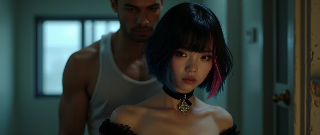 David fincher lighting style realistic, Thailand ladyboy penis cock dick, half asian, near future, black hair, short angled bob haircut, straight hair bangs,the hair has blue hair streaks and pink hair streaks, flat chested , black thigh high socks, background, city apartment, sexy, pretty skin, fully naked shemale, shes transsexual, sexy, ladyboy penis, cock, dick , she cock, sex pot, sissy, gay ladyboy penis, femboy body, penis, wearing a BDSM collar and leash, porn, pornography, a big large man, is behind her naked, the man is fat 48 year old naked, motel room, she is on all fours