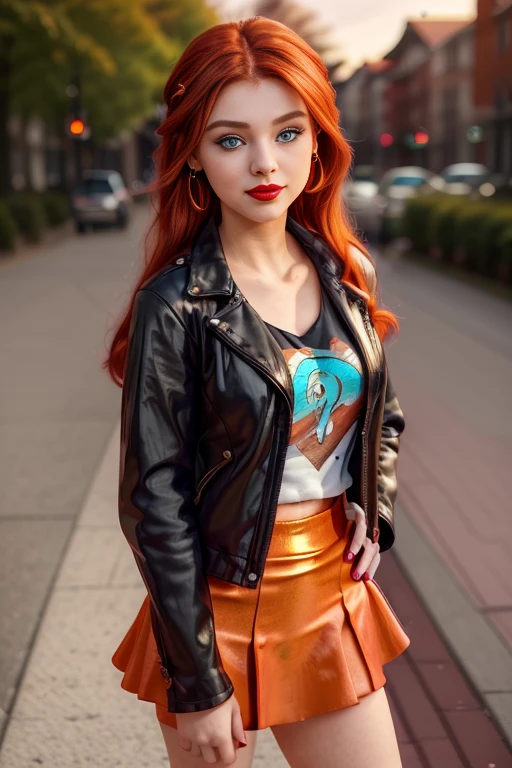 (masterpiece, The best quality:1.2), only, 1girl, mlpshimmer, Nice smile , make-up , Red lips , looking at the viewer, Crossed arms, small black jacket , Orange T-shirt , purple skirt , sunset shimmer , 21 years , beautiful teenage girl , Teenage model , turquoise eyes , Varied background, Full body photo 