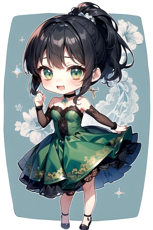 (Highest quality、Highest quality)、cute、(choker).eyes are emerald、(ponytail)、(Black Hair)、(cuteドレス).(Lace dress).((Chibi Character)).Fun dance、