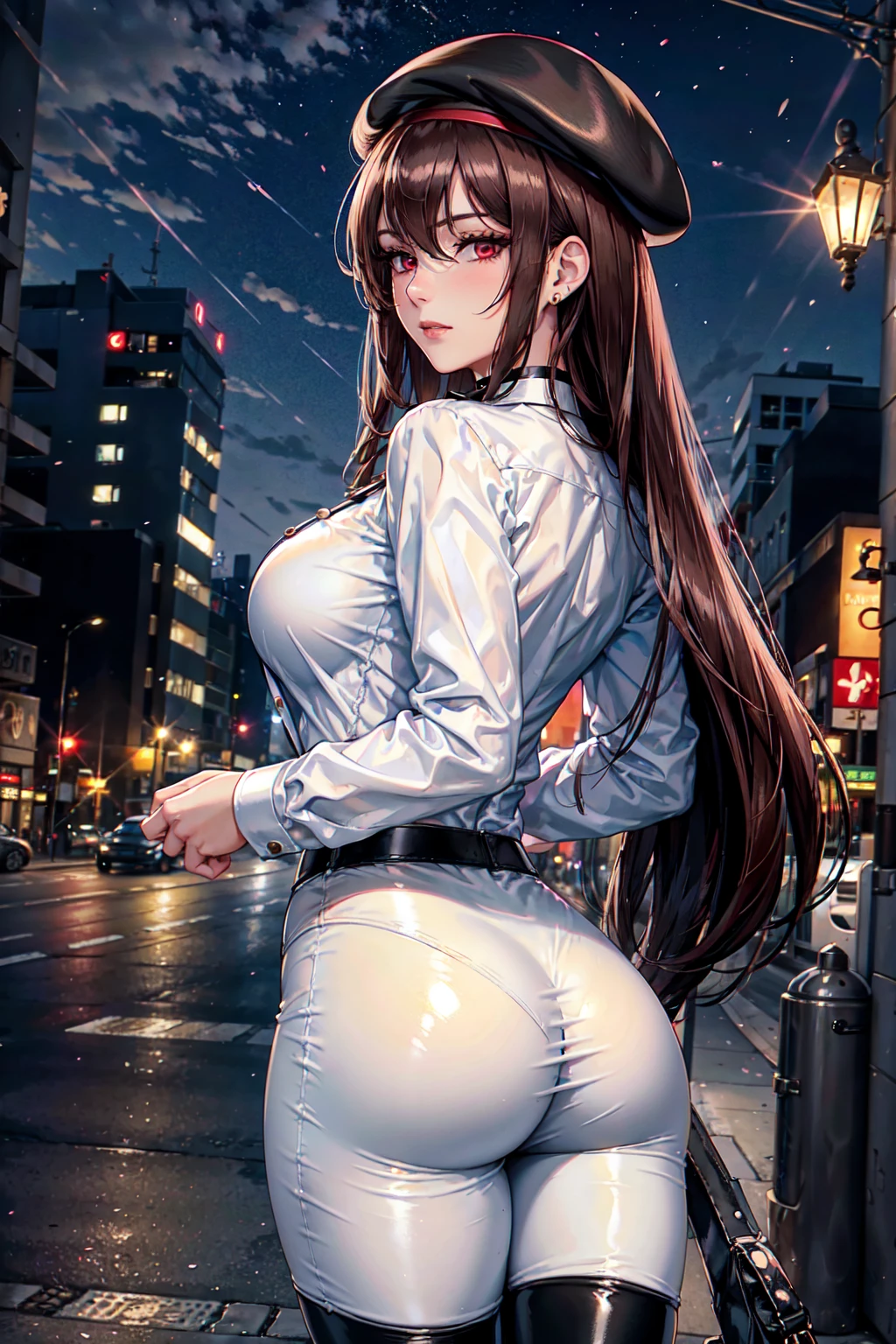 masterpiece, Superior image quality, High resolution, 4k image, photorealistic, 1 young girl of 20 years old, walking, {Alone}, big breasts, beautiful face, long dark brown wavy hair, scarlet red eyes, very detailed eyes, seductive expression, draw a faint smile, black french beret, choker:1.6, (white collar button down shirt white long sleeve), (shiny black leggings), black boots, sensual lips , show details in the eyes, view from behind, perfect ass, Street, city at night