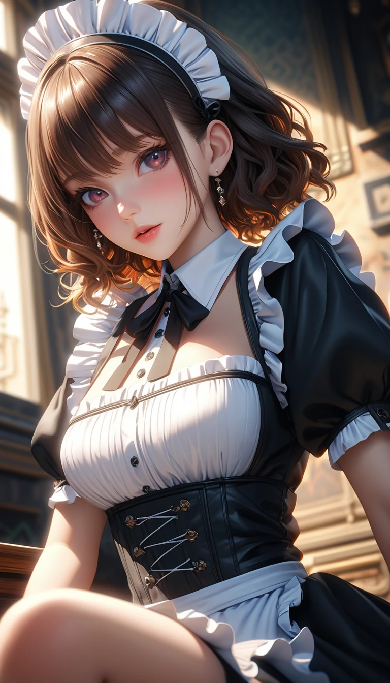 (masterpiece:1.2, top-quality), (realistic, photorealistic:1.4), beautiful illustration, (natural side lighting, movie lighting), depth of fields, nsfw,
beautiful detailed hair, beautiful detailed face, beautiful detailed eyes, beautiful clavicle, beautiful body, beautiful chest, beautiful thigh, beautiful legs,
looking at viewer, 1 girl, pretty girl, (perfect anatomy, perfect limbs, anatomically correct, super detailed skin), cute and symmetrical face, perfect face, perfect eyes,
(short hair, curly hair, brown hair), hair between eyes, emerald green eyes, big eyes, long eye lasher, (large breasts, seductive thighs), perfect body, shiny skin, pink skin,
(maid, short puffy sleeves, small maid apron, thigh highs), glossy lips, cleavage,
(beautiful scenery), evening, (shopping centres:1.2), (pose with movement), (light smile, parted lips),