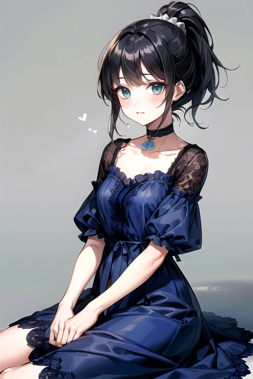 (Highest quality)、(Highest quality)、cute、(choker).eyes are emerald、(ponytail)、(Black Hair)、(cuteドレス).(Navy blue lace dress).