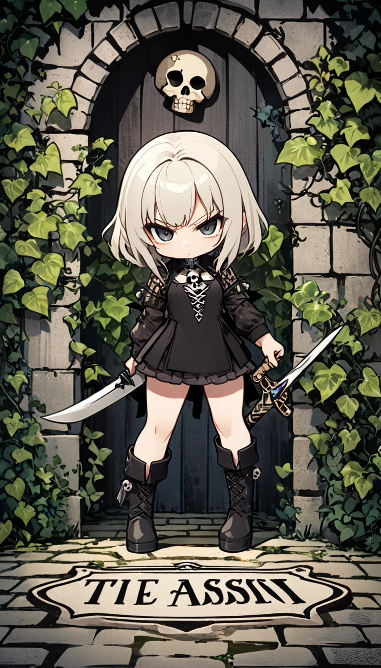 ultra-small deformation, Chibi Cute, 1girl, solo, full body, "THE ASSASSIN" text, tarot card style, a girl wearing a black mini dress is standing with legs apart on a Cobblestone alley, long boots, holding Hidden Weapon in her hands.Glaring at the viewer, a skull, Ivy-covered wall, symmetrical