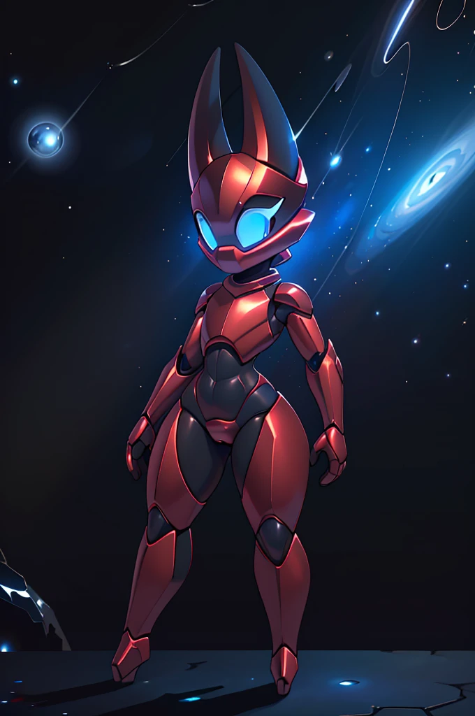 (masterpiece), ((perfect anatomy)), (high Res), (4k), hornet, ((insectoid)), ((segmented body)), ((insect body parts)), (((black enclosed helmet with a glowing blue visor))), black body, 3 fingers(index, middle and thumps), flat chest, wide hips, (((full body red metallic space armor))), (((solo))), narrow waist, (cute artstyle), (((glowing blue eyes))) ((outer space))