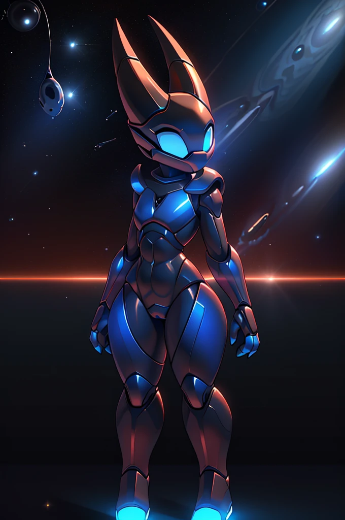 (masterpiece), ((perfect anatomy)), (high Res), (4k), hornet, ((insectoid)), ((segmented body)), ((insect body parts)), (((black enclosed helmet with a glowing blue visor))), black body, 3 fingers(index, middle and thumps), flat chest, wide hips, (((full body red metallic space armor))), (((solo))), narrow waist, (cute artstyle), (((glowing blue eyes))) ((outer space))