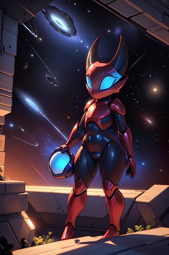 (masterpiece), ((perfect anatomy)), (high Res), (4k), hornet, ((insectoid)), ((segmented body)), ((insect body parts)), (((black enclosed helmet with a glowing blue visor))), black body, 3 fingers(index, middle and thumps), flat chest, wide hips, (((full body red metallic space armor))), (((solo))), narrow waist, (cute artstyle), (((glowing blue eyes))) ((outer space)), dynamic possing