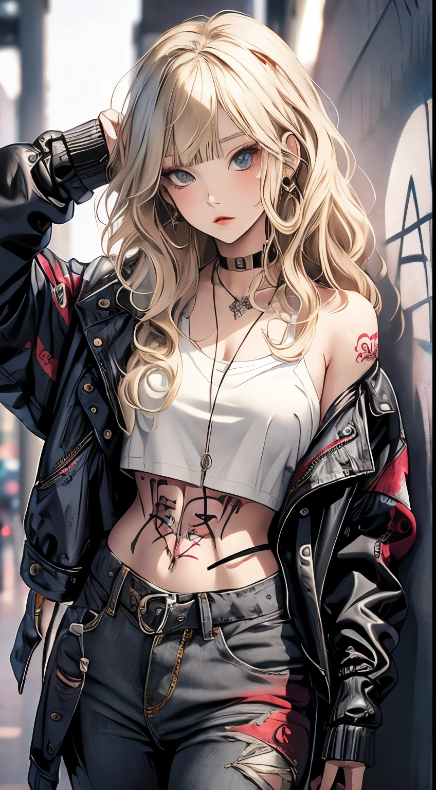 masterpiece, best quality, PIXIV, cool girl, lots of piercings, earrings, tattoos, blonde hair, black dip-dye hair, gray eyes