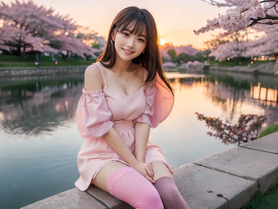 Sakura, Upper Body, smile, blush, Sitting, ((cherry blossoms)), ((Pink sleeves)), Pink Tone, ((Pink Stockings)), Pink Sky, sunset, lake, reflection