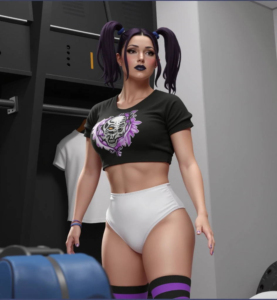 ((masterpiece, best quality)), Curvy Latina in black band logo shirt and pink cotton panties, in apartment overlooking the city, 80's female wrestler, 80's film, 80's movie scene, 80's TV Style