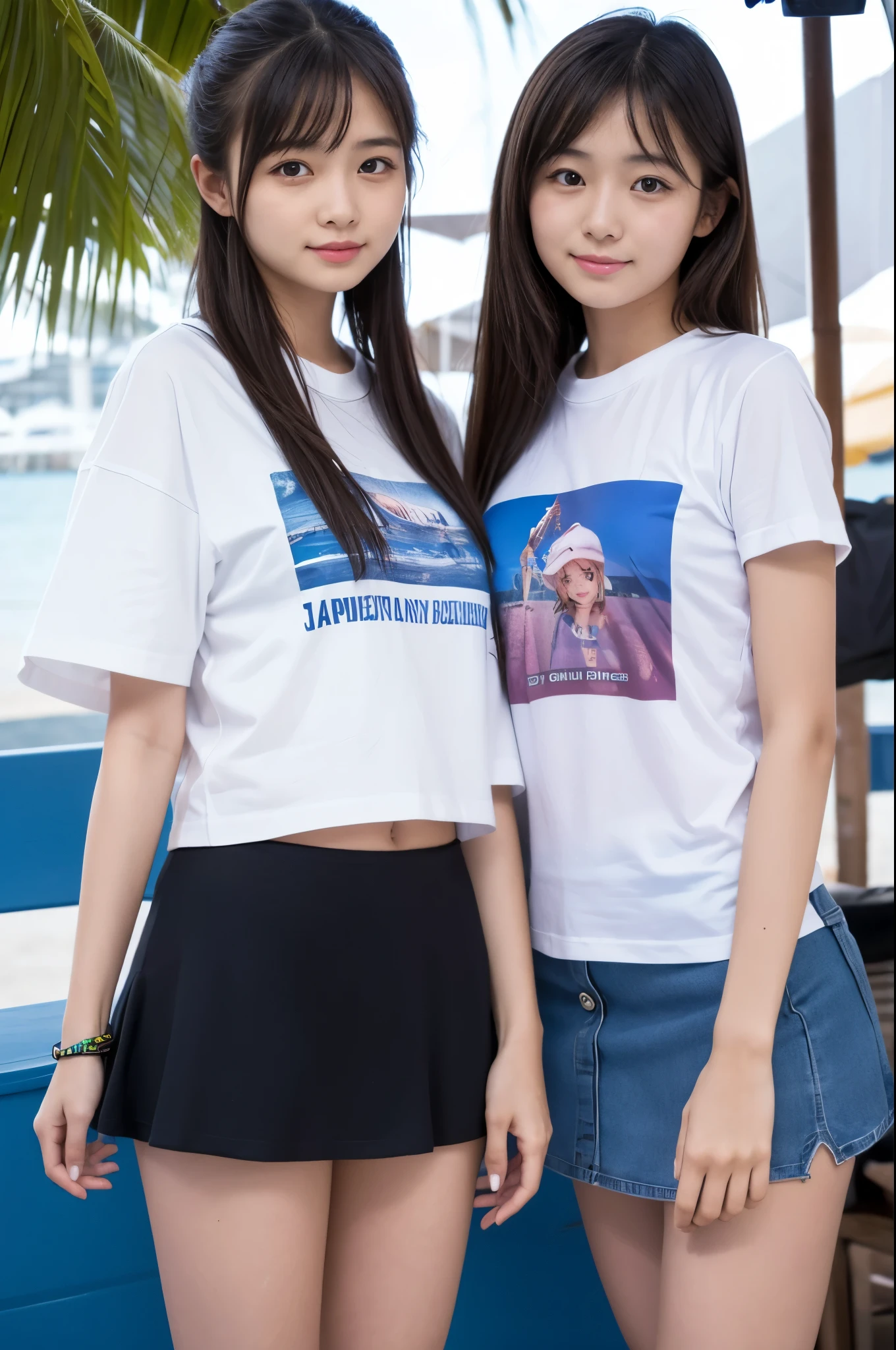 Two girls (21 years old, Japanese cute face) are wearing white Tshirts, mini skirt at the beach bar
