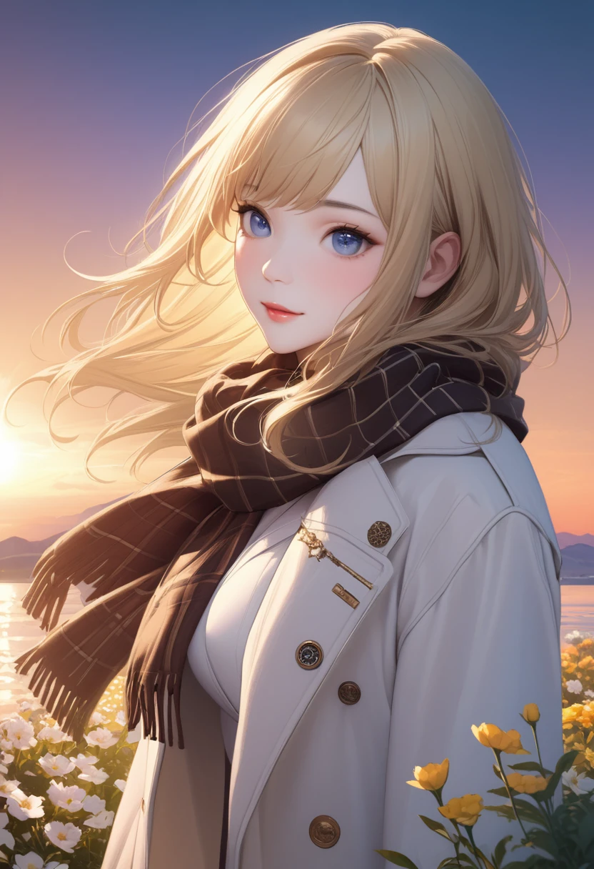 (masterpiece),(Highest quality:1.2),One Girl,(Masseter muscle area:1.3),Exquisite detail, Highest qualityの8K解像度, Very detailed, Realistic, Vibrant colors, Soft tones, Warm and gentle lighting,(Beautiful checked scarf:1.3)(Brown long coat:1.2) evening,Big Sunset,(Smooth and straight blonde hair:1.2),(Hair parted in the middle:1.3),(Shiny Hair),(Dark blue eyes:1.3),White skin, Barrette,watch,Overflowing with soft and gentle feelings,(The promenade is full of flowers),Light of the sun,Warm golden glow,Happiness and laughter,超高精細な描写とVibrant colorsにこだわる. A style that combines romanticism and realism、Depth of Love,Color Palette,The lighting is soft and diffuse, Put a gentle light on your face,この作品はmasterpieceだ,