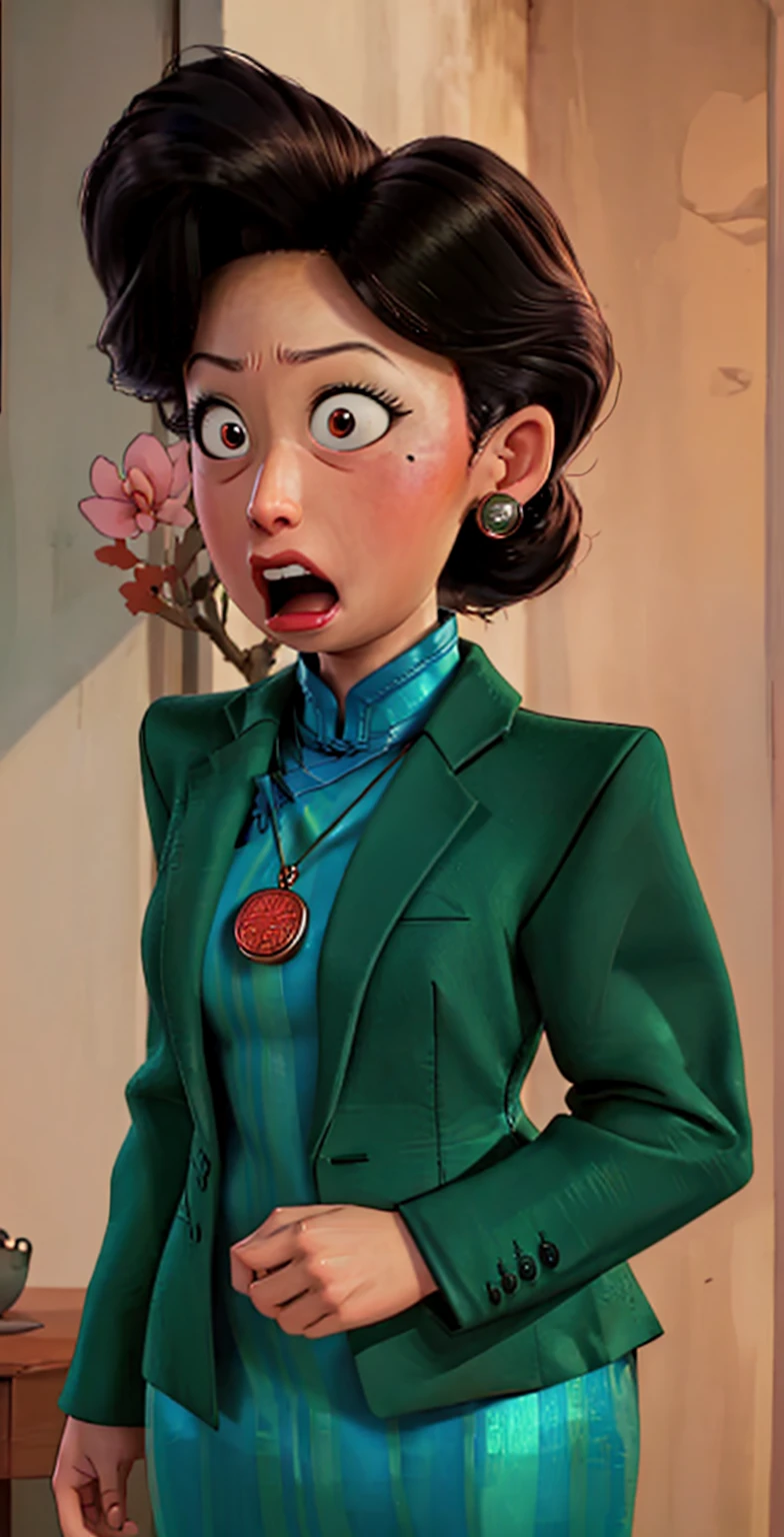 digital anime art, highly detailed, reference sheet, standing pose, feminine features, mature woman, adult female, whole body, form-fitting, china dress, blazer, pendant, 1woman, solo, surprised expression, open mouth, chest length portrait, ((Extremely Detailed)), ((Best Quality)), ((Masterpiece)), ((4k)).
