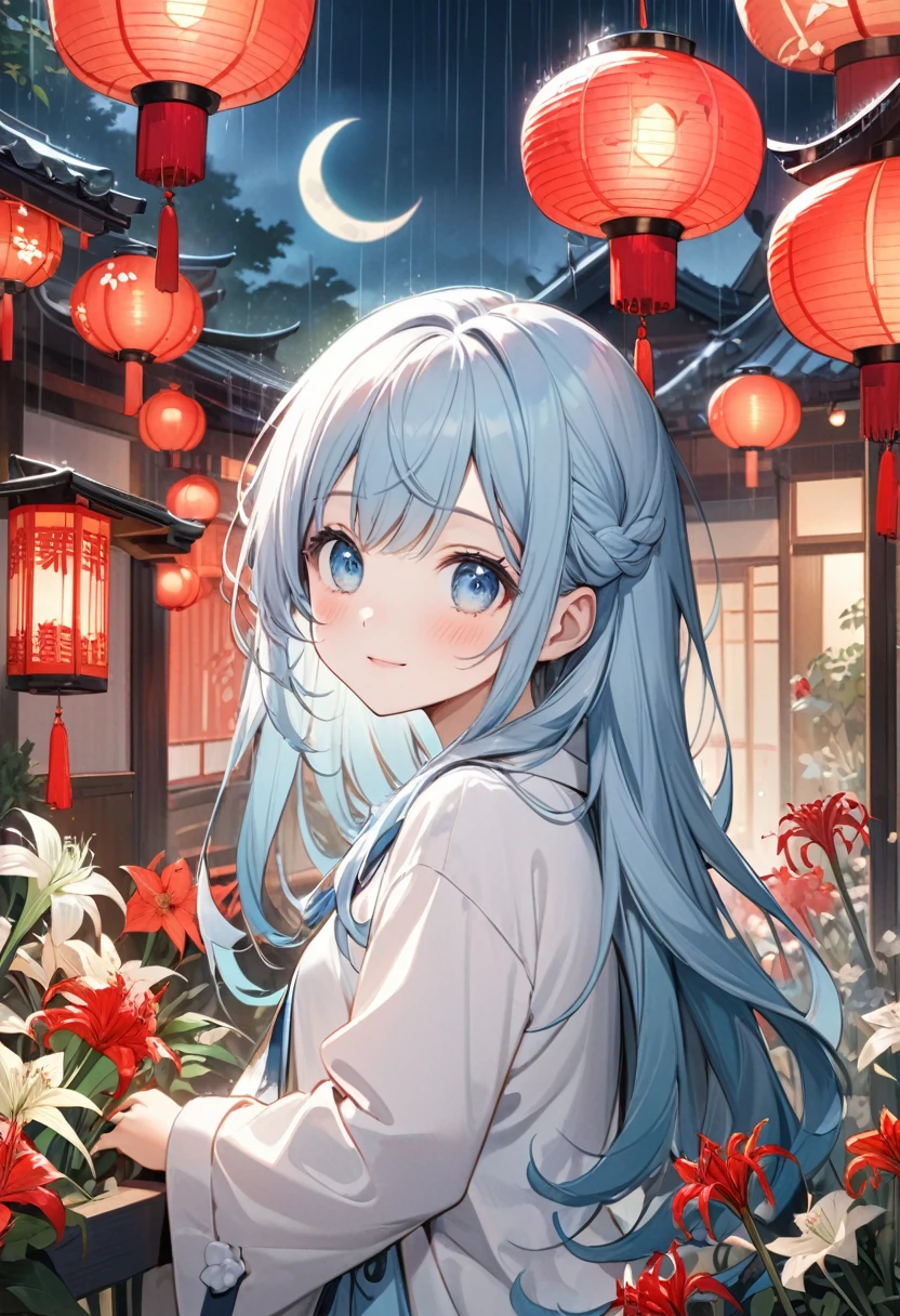 asterpiece, best quality, extremely detailed, (illustration, official art:1.1), 1 girl ,(((( light blue long hair)))), ,(((( light blue long hair)))), ((blush)) , cute face, big eyes, masterpiece, best quality,(((((a very delicate and beautiful girl))))),((((little delicate girl)))),tareme, ,, affectionate smile, (true beautiful:1.2)(flat chest)、Masterpiece,detailed body,Detailed facial expressions,Beautiful Face,A profusion of flowers,Flowers falling,Alluring,,,Japanese style,Beauty,rain,Red lantern,big crescent moon,cluster amaryllis,(((cluster amaryllis)))